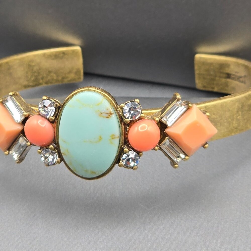 J Crew Antique Gold Tone Cuff Bracelet Faux Coral & Turquoise Stones Rhinestones - Picture 2 of 9